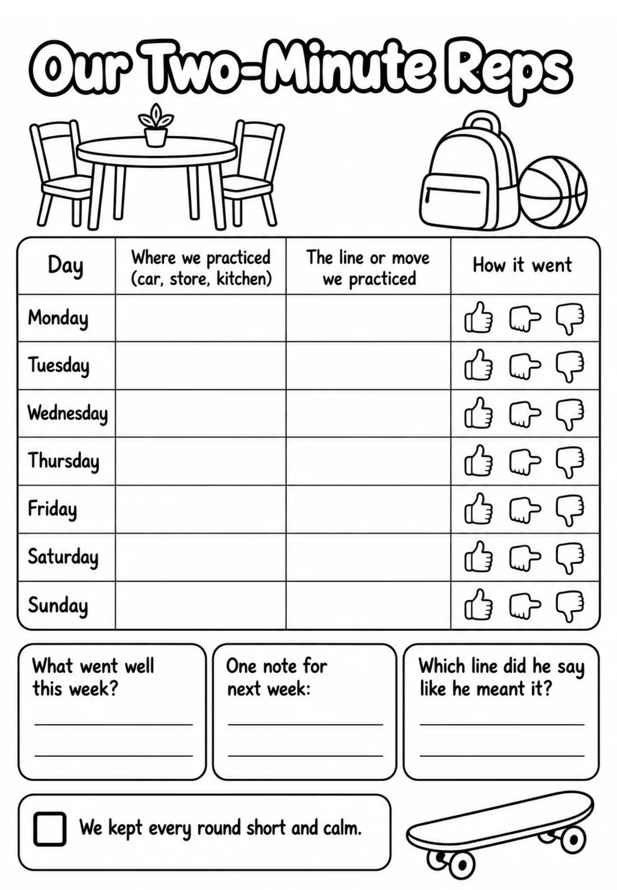 Inside page from Practice Week Pages: the Our Two-Minute Reps weekly practice log