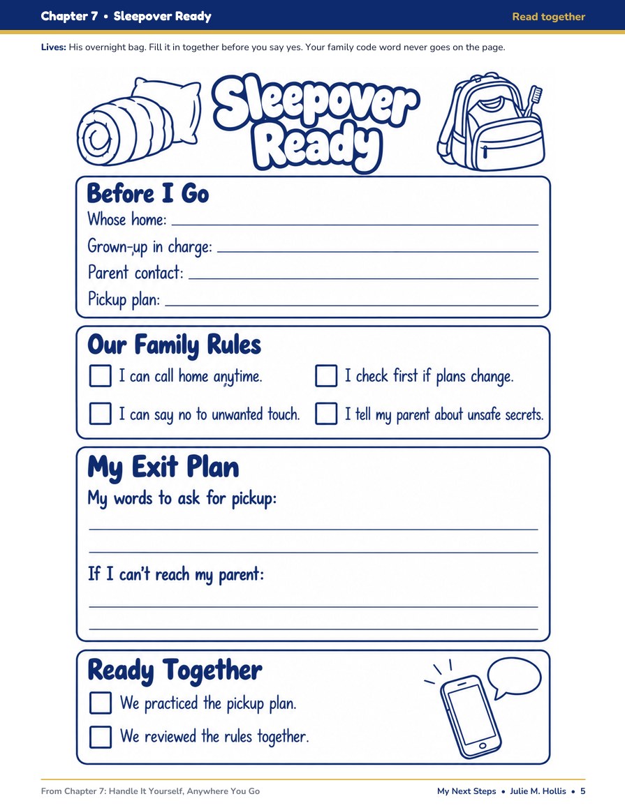 Inside page from My Next Steps: the Sleepover Ready worksheet, with Before I Go, Our Family Rules, My Exit Plan, and Ready Together sections